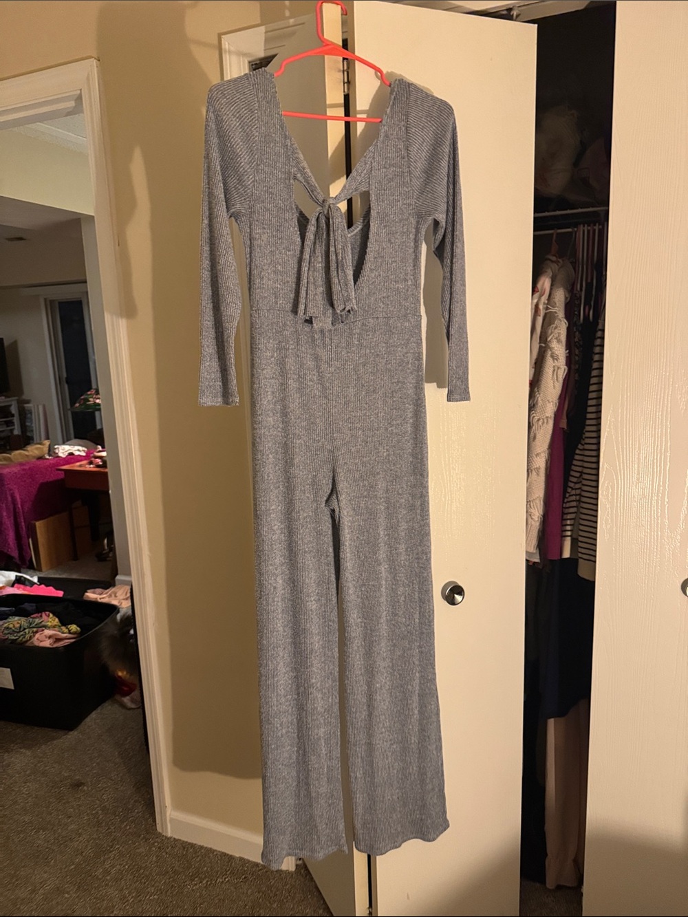VENUS Grayish blue Knit Tie-Back Long Sleeve Jumpsuit